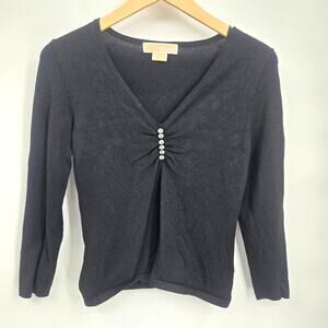 Michael Kors Medium Black Top Shirt V Neck 3/4 Sleeves Rhinestones Ruching